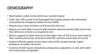DEMOGRAPHY
• Most Sudden cardiac arrests (SCA) occur outside hospital
• Fewer than 10% survive to be discharged from hospital despite after attempted
resuscitation by emergency medical services (EMS)
• Women have a lower incidence of SCD and SCA than men
• Women are more likely to present with pulseless electrical activity (PEA) and to have
their SCD occur at home as compared to men
• Black as opposed to white Americans have higher rates of SCD and are more likely to
have unwitnessed arrests, to be found with PEA, and have worse rates of survival.
• Hispanic ethnicity appear to have lower rates of SCD, despite having a higher
prevalence of cardiac risk factors
• Incidence of SCD may be relatively low among Asian populations as well, both within
the United States and globally
 
