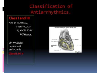 Classification of
Antiarrhythmics.
Class I and III
Acts on i) ATRIAL ,
ii)VENTRICULAR
iii)ACCESSORY
PATHWAY.
OnAV nodal
dependant
arrhythmia
Class II, IV,V
 
