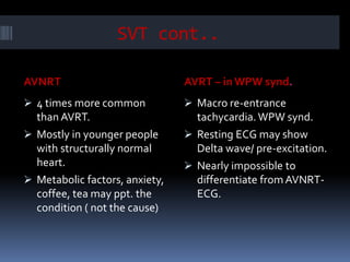 SVT cont..
AVNRT AVRT – in WPW synd.
 4 times more common
than AVRT.
 Mostly in younger people
with structurally normal
heart.
 Metabolic factors, anxiety,
coffee, tea may ppt. the
condition ( not the cause)
 Macro re-entrance
tachycardia.WPW synd.
 Resting ECG may show
Delta wave/ pre-excitation.
 Nearly impossible to
differentiate fromAVNRT-
ECG.
 