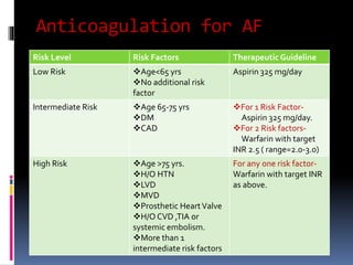 Anticoagulation for AF
Risk Level Risk Factors Therapeutic Guideline
Low Risk Age<65 yrs
No additional risk
factor
Aspirin 325 mg/day
Intermediate Risk Age 65-75 yrs
DM
CAD
For 1 Risk Factor-
Aspirin 325 mg/day.
For 2 Risk factors-
Warfarin with target
INR 2.5 ( range=2.0-3.0)
High Risk Age >75 yrs.
H/O HTN
LVD
MVD
Prosthetic HeartValve
H/O CVD ,TIA or
systemic embolism.
More than 1
intermediate risk factors
For any one risk factor-
Warfarin with target INR
as above.
 