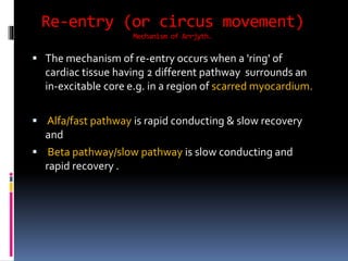 Re-entry (or circus movement)
Mechanism of Arrjyth.
 The mechanism of re-entry occurs when a 'ring' of
cardiac tissue having 2 different pathway surrounds an
in-excitable core e.g. in a region of scarred myocardium.
 Alfa/fast pathway is rapid conducting & slow recovery
and
 Beta pathway/slow pathway is slow conducting and
rapid recovery .
 