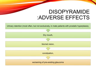 DISOPYRAMIDE
:ADVERSE EFFECTS
worsening of pre-existing glaucoma
constipation,
blurred vision,
Dry mouth,
Urinary retention (most often, but not exclusively, in male patients with prostatic hyperplasia),
 