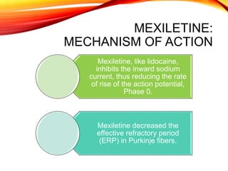 MEXILETINE:
MECHANISM OF ACTION
Mexiletine, like lidocaine,
inhibits the inward sodium
current, thus reducing the rate
of rise of the action potential,
Phase 0.
Mexiletine decreased the
effective refractory period
(ERP) in Purkinje fibers.
 