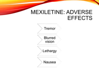 MEXILETINE: ADVERSE
EFFECTS
Tremor
Blurred
vision
Lethargy
Nausea
 