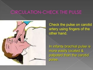 Check the pulse on carotid
artery using fingers of the
other hand.


In infants brachial pulse is
more easily located &
palpated than the carotid
pulse.
 