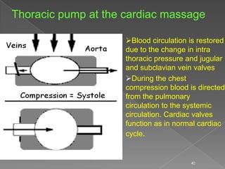 Thoracic pump at the cardiac massage

                     Blood circulation is restored
                     due to the change in intra
                     thoracic pressure and jugular
                     and subclavian vein valves
                     During the chest
                     compression blood is directed
                     from the pulmonary
                     circulation to the systemic
                     circulation. Cardiac valves
                     function as in normal cardiac
                     cycle.


                                        40
 