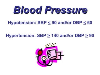 Blood Pressure
Hypotension: SBP < 90 and/or DBP < 60

Hypertension: SBP > 140 and/or DBP > 90
 