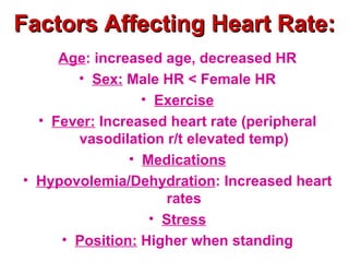 Factors Affecting Heart Rate:
    Age: increased age, decreased HR
      • Sex: Male HR < Female HR
               • Exercise
  • Fever: Increased heart rate (peripheral
       vasodilation r/t elevated temp)
               • Medications
• Hypovolemia/Dehydration: Increased heart
                    rates
                  • Stress
     • Position: Higher when standing
 