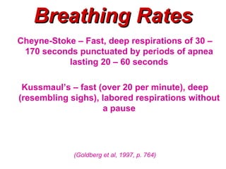 Breathing Rates
Cheyne-Stoke – Fast, deep respirations of 30 –
 170 seconds punctuated by periods of apnea
           lasting 20 – 60 seconds

 Kussmaul’s – fast (over 20 per minute), deep
(resembling sighs), labored respirations without
                    a pause




             (Goldberg et al, 1997, p. 764)
 