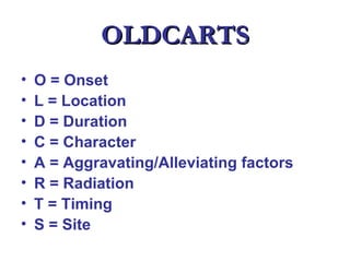 OLDCARTS
•   O = Onset
•   L = Location
•   D = Duration
•   C = Character
•   A = Aggravating/Alleviating factors
•   R = Radiation
•   T = Timing
•   S = Site
 