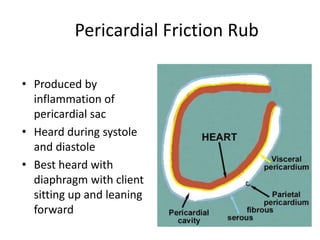 Pericardial Friction Rub
• Produced by
inflammation of
pericardial sac
• Heard during systole
and diastole
• Best heard with
diaphragm with client
sitting up and leaning
forward

 
