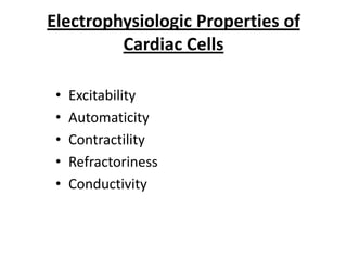 Electrophysiologic Properties of
Cardiac Cells
•
•
•
•
•

Excitability
Automaticity
Contractility
Refractoriness
Conductivity

 