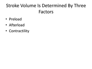 Stroke Volume Is Determined By Three
Factors
• Preload
• Afterload
• Contractility

 
