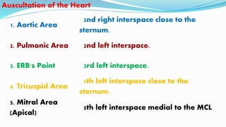 1. Aortic Area
2nd right interspace close to the
sternum.
2. Pulmonic Area 2nd left interspace.
3. ERB's Point 3rd left interspace.
4. Tricuspid Area
5th left interspace close to the
sternum.
5. Mitral Area
(Apical)
5th left interspace medial to the MCL
Auscultation of the Heart
 