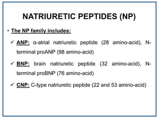 NATRIURETIC PEPTIDES (NP)
• The NP family includes:
 ANP: α-atrial natriuretic peptide (28 amino-acid), N-
terminal proANP (98 amino-acid)
 BNP: brain natriuretic peptide (32 amino-acid), N-
terminal proBNP (76 amino-acid)
 CNP: C-type natriuretic peptide (22 and 53 amino-acid)
 