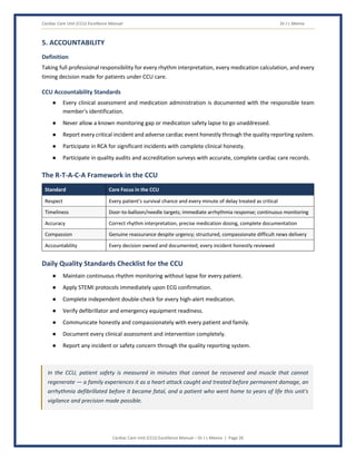 Cardiac Care Unit (CCU) Excellence Manual Dr J L Meena
Cardiac Care Unit (CCU) Excellence Manual – Dr J L Meena | Page 26
5. ACCOUNTABILITY
Definition
Taking full professional responsibility for every rhythm interpretation, every medication calculation, and every
timing decision made for patients under CCU care.
CCU Accountability Standards
● Every clinical assessment and medication administration is documented with the responsible team
member's identification.
● Never allow a known monitoring gap or medication safety lapse to go unaddressed.
● Report every critical incident and adverse cardiac event honestly through the quality reporting system.
● Participate in RCA for significant incidents with complete clinical honesty.
● Participate in quality audits and accreditation surveys with accurate, complete cardiac care records.
The R-T-A-C-A Framework in the CCU
Standard Core Focus in the CCU
Respect Every patient's survival chance and every minute of delay treated as critical
Timeliness Door-to-balloon/needle targets; immediate arrhythmia response; continuous monitoring
Accuracy Correct rhythm interpretation, precise medication dosing, complete documentation
Compassion Genuine reassurance despite urgency; structured, compassionate difficult news delivery
Accountability Every decision owned and documented; every incident honestly reviewed
Daily Quality Standards Checklist for the CCU
● Maintain continuous rhythm monitoring without lapse for every patient.
● Apply STEMI protocols immediately upon ECG confirmation.
● Complete independent double-check for every high-alert medication.
● Verify defibrillator and emergency equipment readiness.
● Communicate honestly and compassionately with every patient and family.
● Document every clinical assessment and intervention completely.
● Report any incident or safety concern through the quality reporting system.
In the CCU, patient safety is measured in minutes that cannot be recovered and muscle that cannot
regenerate — a family experiences it as a heart attack caught and treated before permanent damage, an
arrhythmia defibrillated before it became fatal, and a patient who went home to years of life this unit's
vigilance and precision made possible.
 