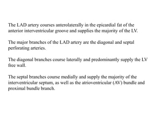 The LAD artery courses anterolaterally in the epicardial fat of the
anterior interventricular groove and supplies the majority of the LV.
The major branches of the LAD artery are the diagonal and septal
perforating arteries.
The diagonal branches course laterally and predominantly supply the LV
free wall.
The septal branches course medially and supply the majority of the
interventricular septum, as well as the atrioventricular (AV) bundle and
proximal bundle branch.
 