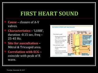 FIRST HEART SOUND
 Cause – closure of A-V
valves.
 Characteristics – ‘LUBB’,
duration -0.15 sec, freq –
25-45 Hz.
 Site for auscultation –
Mitral & Tricuspid area.
 Correlation with ECG –
coincide with peak of R
wave.
Thursday, December 28, 2017
 