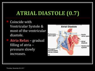 ATRIAL DIASTOLE (0.7)
 Coincide with
Ventricular Systole &
most of the ventricular
diastole.
 Atria Relax – gradual
filling of atria –
pressure slowly
increases.
Thursday, December 28, 2017
 