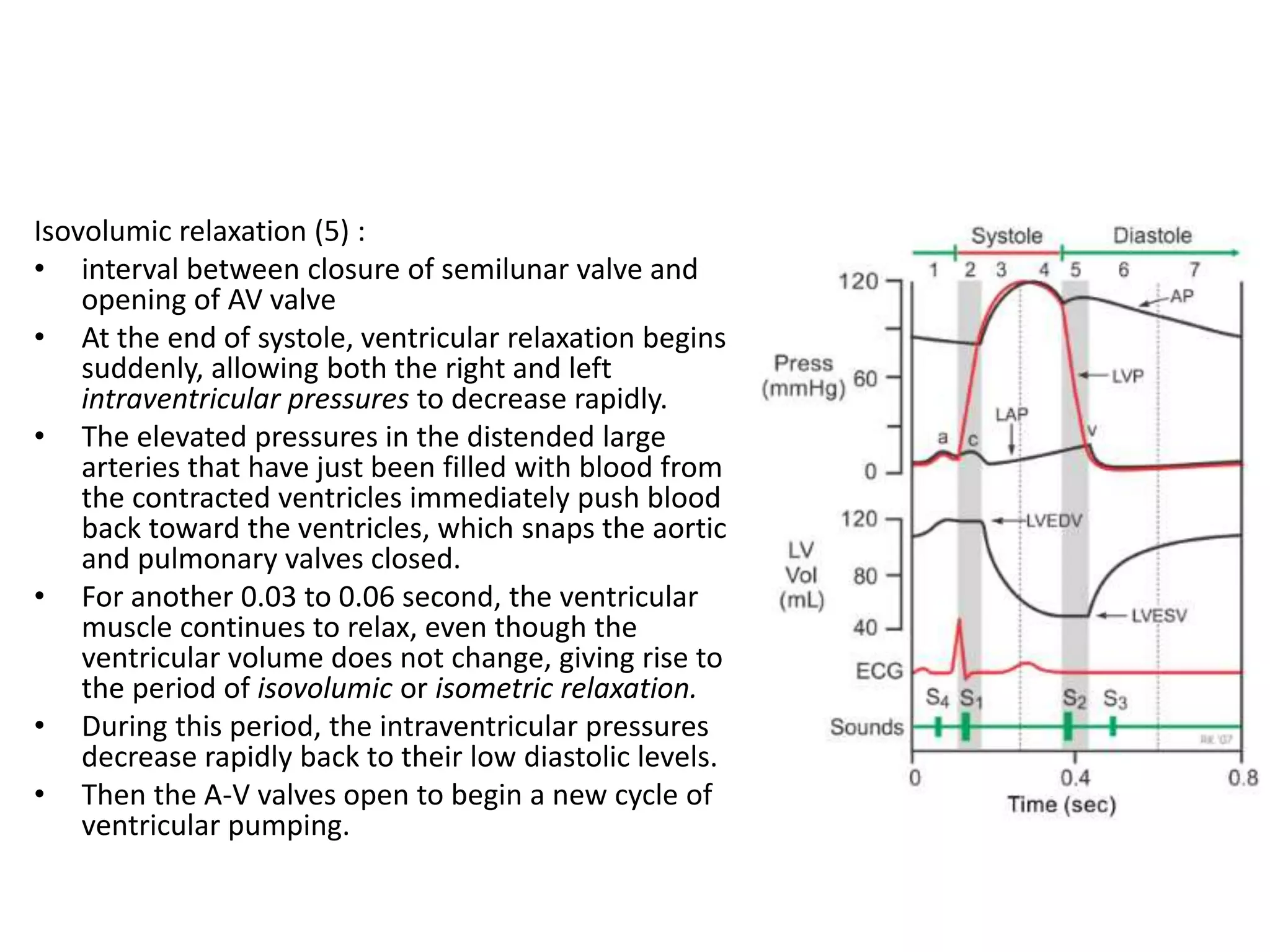 Isovolumic relaxation (5) :
• interval between closure of semilunar valve and
opening of AV valve
• At the end of systole, ventricular relaxation begins
suddenly, allowing both the right and left
intraventricular pressures to decrease rapidly.
• The elevated pressures in the distended large
arteries that have just been filled with blood from
the contracted ventricles immediately push blood
back toward the ventricles, which snaps the aortic
and pulmonary valves closed.
• For another 0.03 to 0.06 second, the ventricular
muscle continues to relax, even though the
ventricular volume does not change, giving rise to
the period of isovolumic or isometric relaxation.
• During this period, the intraventricular pressures
decrease rapidly back to their low diastolic levels.
• Then the A-V valves open to begin a new cycle of
ventricular pumping.
 