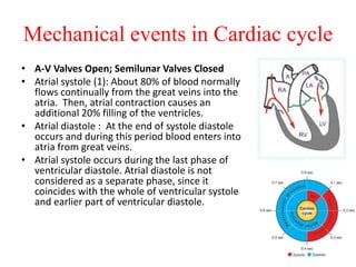 • A-V Valves Open; Semilunar Valves Closed
• Atrial systole (1): About 80% of blood normally
flows continually from the great veins into the
atria. Then, atrial contraction causes an
additional 20% filling of the ventricles.
• Atrial diastole : At the end of systole diastole
occurs and during this period blood enters into
atria from great veins.
• Atrial systole occurs during the last phase of
ventricular diastole. Atrial diastole is not
considered as a separate phase, since it
coincides with the whole of ventricular systole
and earlier part of ventricular diastole.
Mechanical events in Cardiac cycle
 