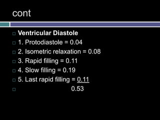 cont
 Ventricular Diastole
 1. Protodiastole = 0.04
 2. Isometric relaxation = 0.08
 3. Rapid filling = 0.11
 4. Slow filling = 0.19
 5. Last rapid filling = 0.11
 0.53
 