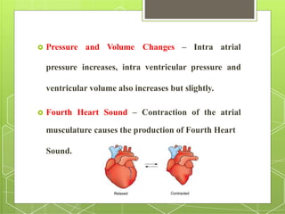  Pressure and Volume Changes – Intra atrial
pressure increases, intra ventricular pressure and
ventricular volume also increases but slightly.
 Fourth Heart Sound – Contraction of the atrial
musculature causes the production of Fourth Heart
Sound.
 