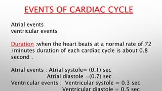 EVENTS OF CARDIAC CYCLE
Atrial events
ventricular events
Duration :when the heart beats at a normal rate of 72
/minutes du...