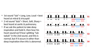 • 1st sound “lub”> Long, Low, Loud > best
heard at mitral & tricuspid
• 2 nd sound “dub”> Short, Soft, Sharp >
best heard at aortic & pulmonary.
• If we ask the patient to take deep
inspiration and hold it, then hear his
heart sound we’ll hear splitting “lub
tadub” in the 2nd sound, and this is
normal, but if it occurs in other than
deep inspiration then this is abnormal.
 