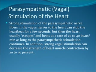 Parasympathetic (Vagal)
 Stimulation of the Heart
 Strong stimulation of the parasympathetic nerve
  fibers in the vagus nerves to the heart can stop the
  heartbeat for a few seconds, but then the heart
  usually "escapes" and beats at a rate of 20 to 40 beats/
  min as long as the parasympathetic stimulation
  continues. In addition, strong vagal stimulation can
  decrease the strength of heart muscle contraction by
  20 to 30 percent.
 