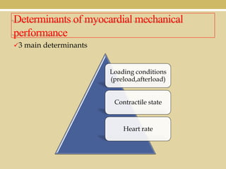 Determinants of myocardial mechanical
performance
3 main determinants

Loading conditions
(preload,afterload)

Contractile state

Heart rate

 