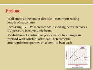 Preload
• Wall stress at the end of diastole – maximum resting

length of sarcomere.
• Increasing LVEDV increases SV in ejecting beats,increases
LV pressure in isovolumic beats.
• Modulation of ventricular performance by changes in
preload with constant afterload –heterometric
autoregulation,operates on a beat –to beat basis.

 