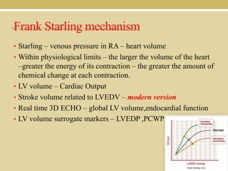 Frank Starling mechanism
• Starling – venous pressure in RA – heart volume
• Within physiological limits – the larger the volume of the heart

•
•
•
•

–greater the energy of its contraction – the greater the amount of
chemical change at each contraction.
LV volume – Cardiac Output
Stroke volume related to LVEDV – modern version
Real time 3D ECHO – global LV volume,endocardial function
LV volume surrogate markers – LVEDP ,PCWP.

 