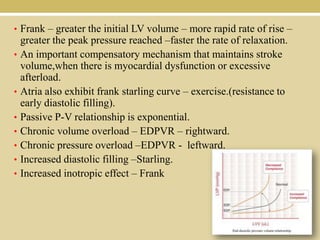 • Frank – greater the initial LV volume – more rapid rate of rise –
•

•
•
•
•
•
•

greater the peak pressure reached –faster the rate of relaxation.
An important compensatory mechanism that maintains stroke
volume,when there is myocardial dysfunction or excessive
afterload.
Atria also exhibit frank starling curve – exercise.(resistance to
early diastolic filling).
Passive P-V relationship is exponential.
Chronic volume overload – EDPVR – rightward.
Chronic pressure overload –EDPVR - leftward.
Increased diastolic filling –Starling.
Increased inotropic effect – Frank

 