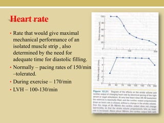 Heart rate
• Rate that would give maximal

mechanical performance of an
isolated muscle strip , also
determined by the need for
adequate time for diastolic filling.
• Normally – pacing rates of 150/min
–tolerated.
• During exercise – 170/min
• LVH – 100-130/min

 