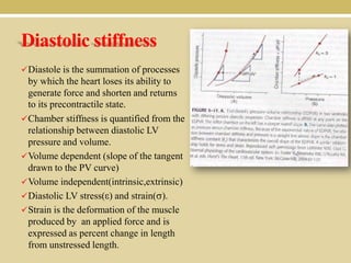 Diastolic stiffness
 Diastole is the summation of processes

by which the heart loses its ability to
generate force and shorten and returns
to its precontractile state.
 Chamber stiffness is quantified from the
relationship between diastolic LV
pressure and volume.
 Volume dependent (slope of the tangent
drawn to the PV curve)
 Volume independent(intrinsic,extrinsic)
 Diastolic LV stress( ) and strain( ).
 Strain is the deformation of the muscle
produced by an applied force and is
expressed as percent change in length
from unstressed length.

 