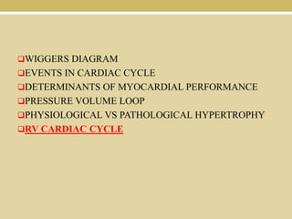 WIGGERS DIAGRAM
EVENTS IN CARDIAC CYCLE
DETERMINANTS OF MYOCARDIAL PERFORMANCE
PRESSURE VOLUME LOOP
PHYSIOLOGICAL VS PATHOLOGICAL HYPERTROPHY

RV CARDIAC CYCLE

 