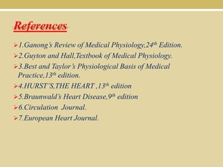 References
1.Ganong’s Review of Medical Physiology,24th Edition.
2.Guyton and Hall,Textbook of Medical Physiology.
3.Best and Taylor’s Physiological Basis of Medical

Practice,13th edition.
4.HURST’S,THE HEART ,13th edition
5.Braunwald’s Heart Disease,9th edition
6.Circulation Journal.
7.European Heart Journal.

 