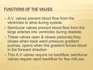 FUNCTIONS OF THE VALVES
 A.V. valves prevent blood flow from the
ventricles to atria during systole.
 Semilunar valves prevent blood flow from the
large arteries into ventricles during diastole.
 These valves open & closes passively,they
closes when back ward pressure gradient
pushes, opens when the gradient forces blood
in the forward direction
 Thin A.V valves require no backflow, semilunar
valves require rapid backflow for few mill.sec.
 