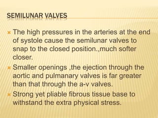 SEMILUNAR VALVES
 The high pressures in the arteries at the end
of systole cause the semilunar valves to
snap to the closed position.,much softer
closer.
 Smaller openings ,the ejection through the
aortic and pulmanary valves is far greater
than that through the a-v valves.
 Strong yet pliable fibrous tissue base to
withstand the extra physical stress.
 