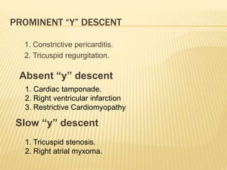 PROMINENT “Y” DESCENT
1. Constrictive pericarditis.
2. Tricuspid regurgitation.
Absent “y” descent
1. Cardiac tamponade.
2. Right ventricular infarction
3. Restrictive Cardiomyopathy
Slow “y” descent
1. Tricuspid stenosis.
2. Right atrial myxoma.
 