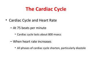 The Cardiac Cycle
• Cardiac Cycle and Heart Rate
– At 75 beats per minute
• Cardiac cycle lasts about 800 msecs

– When heart rate increases
• All phases of cardiac cycle shorten, particularly diastole

 
