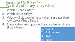 Assessment Q. 8 (Part 1-4)
(Aortic & pulmonary artery valves )
1. Which is snap closed?
2. Which closes softly?
3. Velocity of ejection in these valves is greater than
A-V Valves (True / False )
4. These valves are supported by chordae tendineae
(True / False )
Cardiac Cycle| Prof. Dr. Rashid Mahmood 42
1. Aortic
2. Pulmonary
3. True
4. False
 