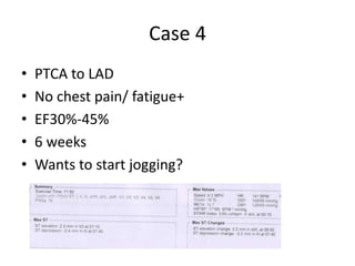 Case 4
• PTCA to LAD
• No chest pain/ fatigue+
• EF30%-45%
• 6 weeks
• Wants to start jogging?
 