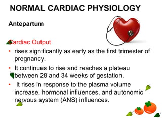 NORMAL CARDIAC PHYSIOLOGY
Antepartum
Cardiac Output
• rises significantly as early as the first trimester of
pregnancy.
• It continues to rise and reaches a plateau
between 28 and 34 weeks of gestation.
• It rises in response to the plasma volume
increase, hormonal influences, and autonomic
nervous system (ANS) influences.
 