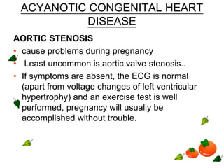 ACYANOTIC CONGENITAL HEART
DISEASE
AORTIC STENOSIS
• cause problems during pregnancy
• Least uncommon is aortic valve stenosis..
• If symptoms are absent, the ECG is normal
(apart from voltage changes of left ventricular
hypertrophy) and an exercise test is well
performed, pregnancy will usually be
accomplished without trouble.
 