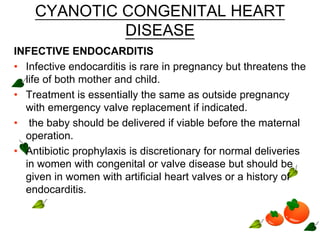 CYANOTIC CONGENITAL HEART
DISEASE
INFECTIVE ENDOCARDITIS
• Infective endocarditis is rare in pregnancy but threatens the
life of both mother and child.
• Treatment is essentially the same as outside pregnancy
with emergency valve replacement if indicated.
• the baby should be delivered if viable before the maternal
operation.
• Antibiotic prophylaxis is discretionary for normal deliveries
in women with congenital or valve disease but should be
given in women with artificial heart valves or a history of
endocarditis.
 