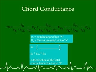 Chord Conductance g X  = conductance of ion "X" E X  = Nernst potential of ion "X" g X   g K  + g Na  + g Cl is the fraction of the total conductance due to ion "X" 
