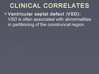 CLINICAL CORRELATES
► Ventricular   septal defect (VSD):
 VSD is often associated with abnormalities
 in partitioning of the conotruncal region.
 