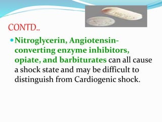 CONTD..
Nitroglycerin, Angiotensin-
converting enzyme inhibitors,
opiate, and barbiturates can all cause
a shock state and may be difficult to
distinguish from Cardiogenic shock.
 